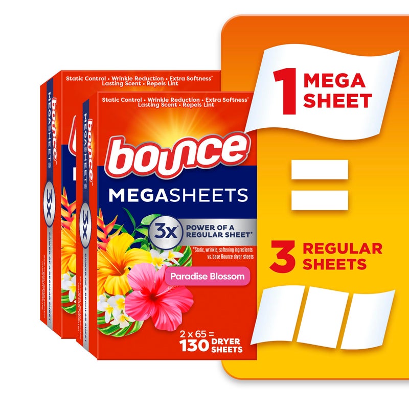 Bounce Mega Dryer Sheets Paradise Blossom 130 Count Packaging May Vary