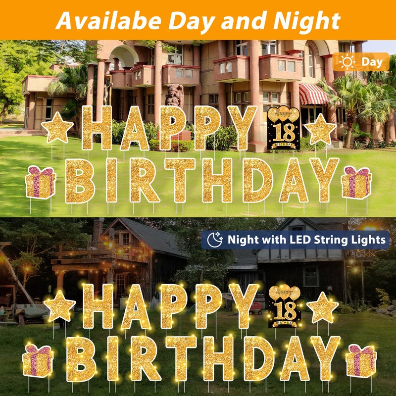 ComboJoy 18 Pcs Happy Birthday Yard Sign with Stakes, Gold Happy Birthday Yard Sign with 49.2 Ft LED Light, 16 In Large Personalized Happy Birthday Sign, Waterproof Lawn Garden Birthday Party Decorations - Image 4