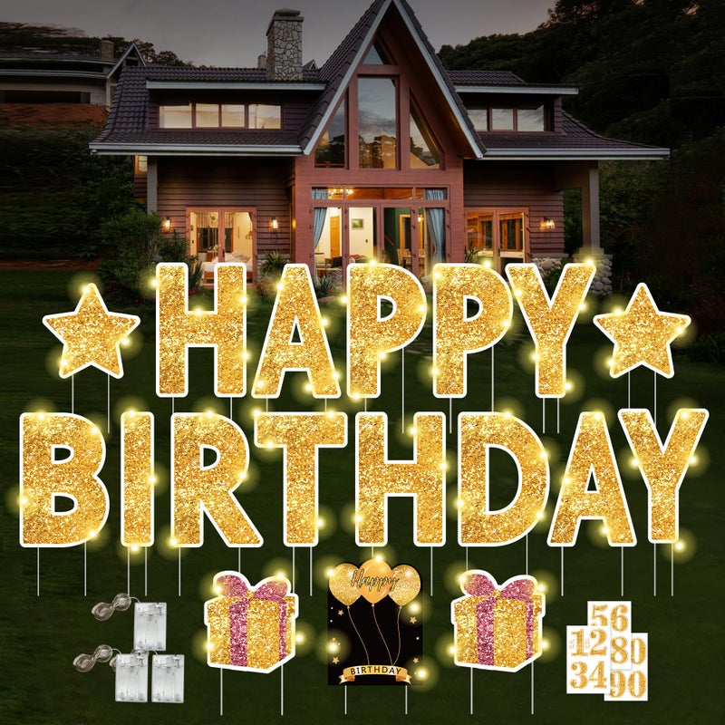 ComboJoy 18 Pcs Happy Birthday Yard Sign with Stakes, Gold Happy Birthday Yard Sign with 49.2 Ft LED Light, 16 In Large Personalized Happy Birthday Sign, Waterproof Lawn Garden Birthday Party Decorations - Image 1