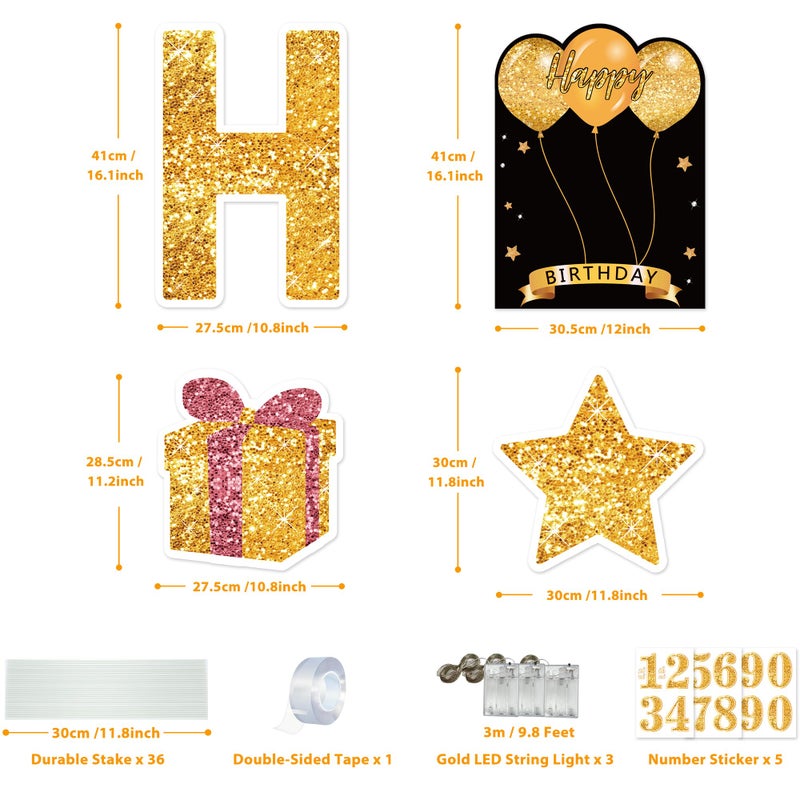 ComboJoy 18 Pcs Happy Birthday Yard Sign with Stakes, Gold Happy Birthday Yard Sign with 49.2 Ft LED Light, 16 In Large Personalized Happy Birthday Sign, Waterproof Lawn Garden Birthday Party Decorations - Image 2