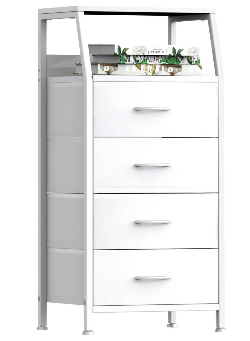 ACPLAY Tall Bedside Storage Cabinet with 4 Fabric Drawers & Double-Layer Wooden Top – Narrow Nightstand with Metal Frame for Bedroom, Nursery, Entryway & Closet - Image 1