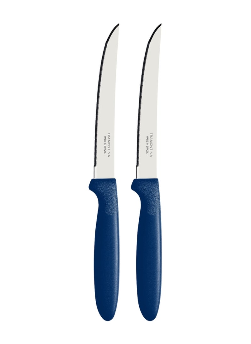 TRAMONTINA Since 1911,Made in Brazil- Ipanema 2 Pieces Steak Knife Set with Micro Serrated Edge Stainless Steel Blades and Blue Polypropylene Handles  - Image 1