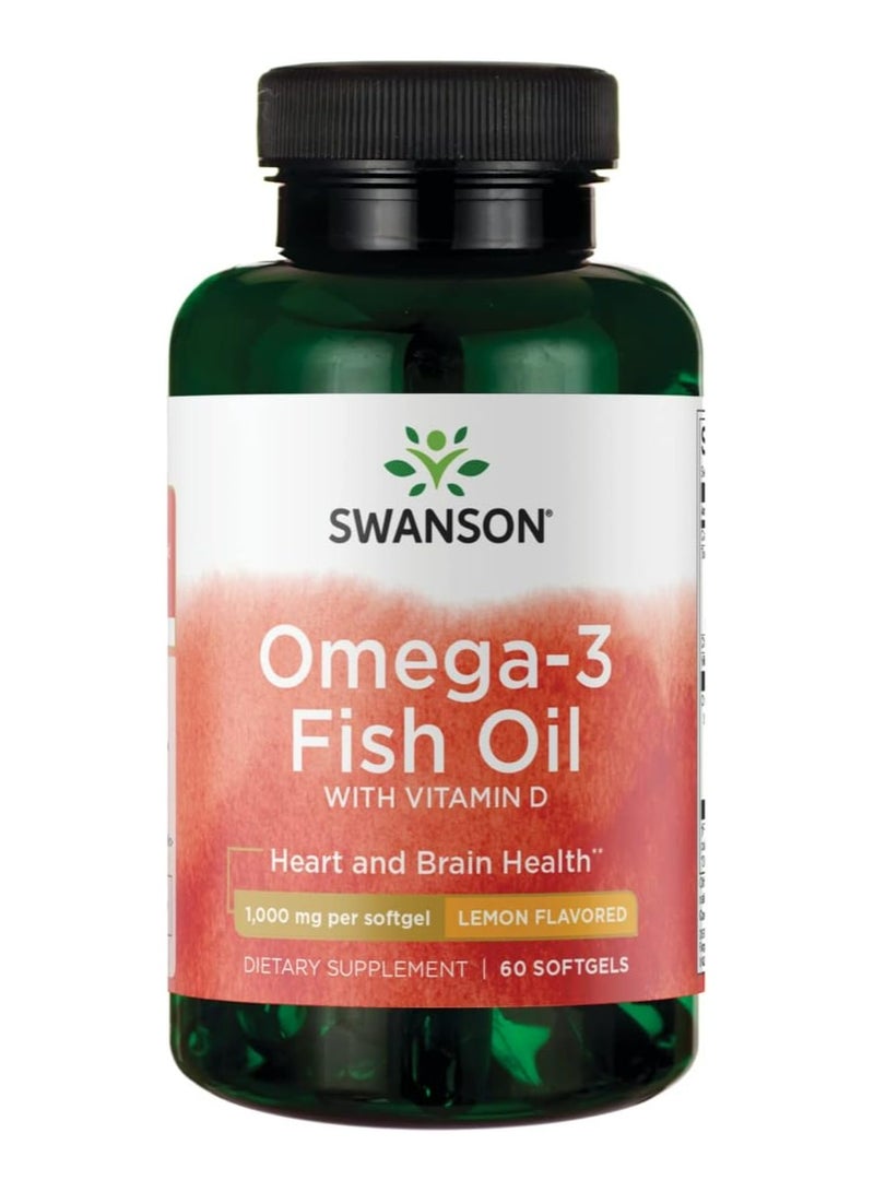 SWANSON زيت السمك بنكهة الليمون أوميغا-3 وفيتامين د 1000 وحدة دولية لصحة القلب والدماغ 60 كبسولة (1000 ملغ)