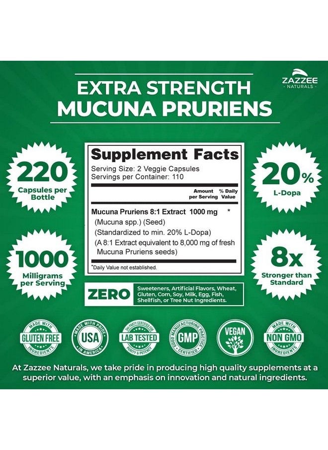 Zazzee - Mucuna Pruriens 20% L Dopa 8:1 Extract 1000 Mg 220 Vegan Capsules Extra Strength Potent 8X Standardized Extract Non Gmo Gluten Free And All Natural - Image 1