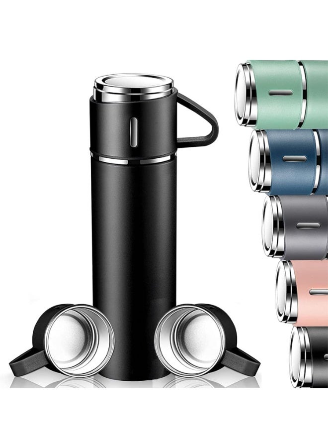 MOSH 500ml Stainless Steel Vacuum Thermos Flask with Silicone Handle – Insulated Water Bottle with 2 Stainless Steel Cups for Hot & Cold Drinks, Outdoor Travel Gift Box (1 Pack, Black) - Image 1