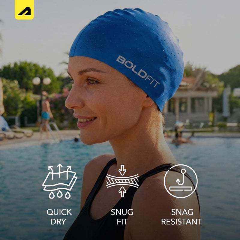 BOLDFIT Swimming Cap for Men Silicone Swimming Caps for Women Unisex Swimming Cap for Kids Boys & Girls Swimming Cap for Women Long Hair Swimming Head Cap Men Silicone Fabric, Easy Fit - Blue - Image 4