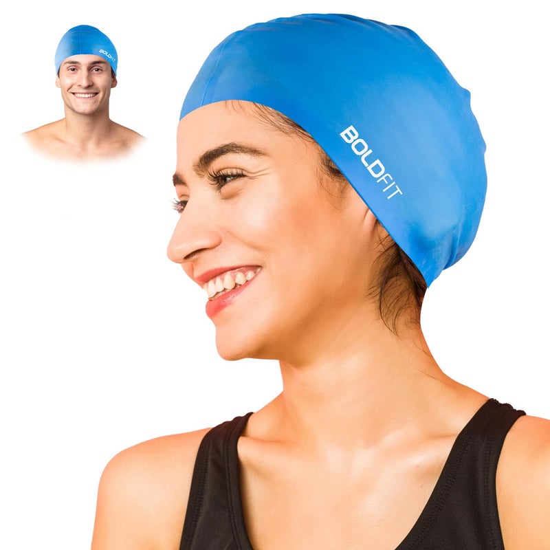 Boldfit Silicone Swimming Cap for Unisex - Blue | Comfortable Swim Headwear for Pool Training, Swimming and Water Activities - Image 1