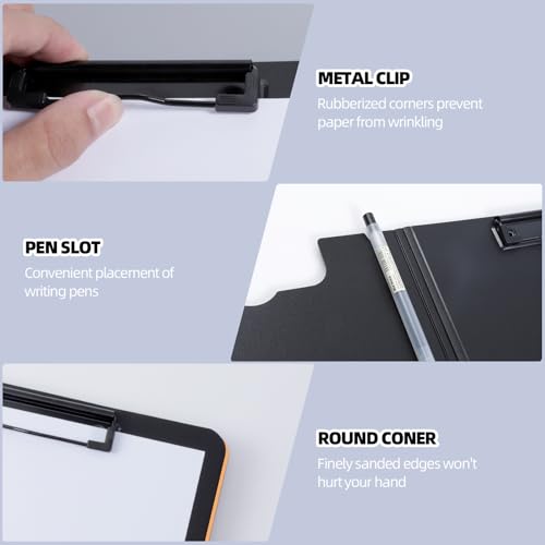 FRETONBA Clipboard Folder, A4 Foldable Clipboard with Horizontal and Vertical Double Metal Clips, 360 Degree Foldable Binder Clipboards with Pen Holder, File Cover Work Folder Clipboards, Orange - Image 4