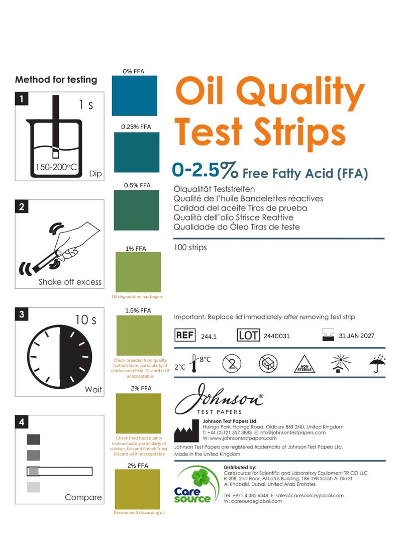 JONSON TEST PAPERS Oil Test Strips Free Fatty Acids, 100 strips/Bottle - Image 2