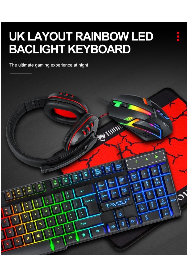 T-WOLF Game 4 IN 1 Set,Backlit Keyboard + Colorful Backlit Mouse + Large-Size Mousepad + Gaming Headset,Waterproof Rgb Color Suitable For Pc/Ps4/Xbox Gamers, Android Pubg Codm Genshin Diablo All Games - Image 2