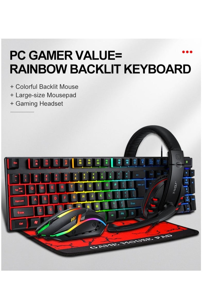 T-WOLF Game 4 IN 1 Set,Backlit Keyboard + Colorful Backlit Mouse + Large-Size Mousepad + Gaming Headset,Waterproof Rgb Color Suitable For Pc/Ps4/Xbox Gamers, Android Pubg Codm Genshin Diablo All Games - Image 1