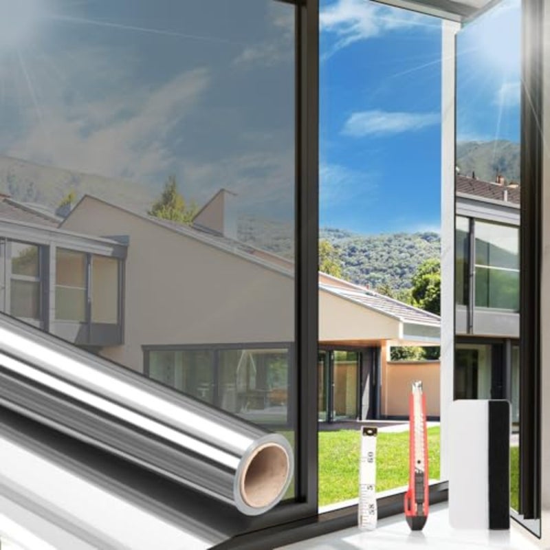 Arthome نافذة حجب الحرارة 90x254 سم مجموعة أفلام مضادة للأشعة فوق البنفسجية، عصا التحكم في الحرارة نافذة عاكسة للضوء بدون غراء لاصق ثابت DIY فيلم في اتجاه واحد للمنزل والمكتب للحد من وهج الشمس مع أداة - Image 1