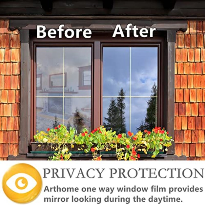 Arthome نافذة حجب الحرارة 90x254 سم مجموعة أفلام مضادة للأشعة فوق البنفسجية، عصا التحكم في الحرارة نافذة عاكسة للضوء بدون غراء لاصق ثابت DIY فيلم في اتجاه واحد للمنزل والمكتب للحد من وهج الشمس مع أداة - Image 3