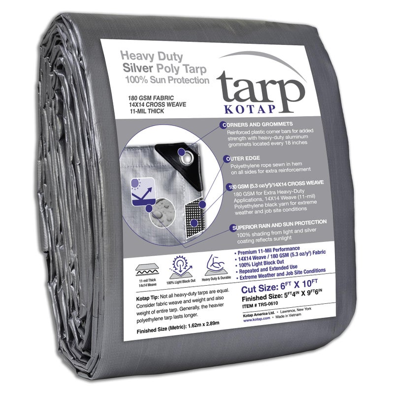 Kotap 6 x 10 Ft HeavyDuty ProtectionCoverage Tarp Superior Weave for Greater Longevity 10mil MultiUse Waterproof TRS0610 Silver 1Pack