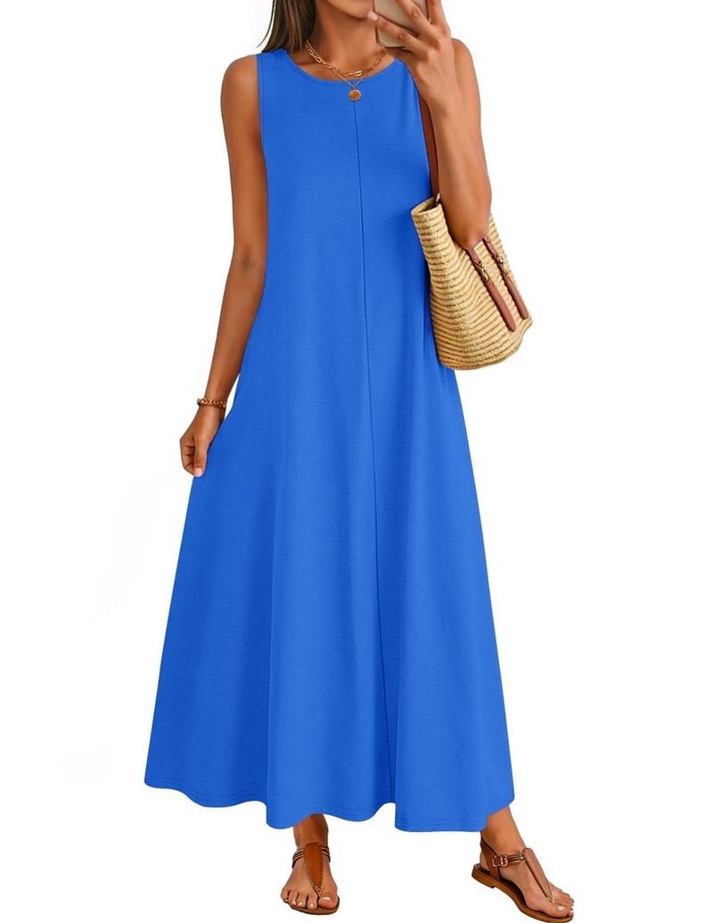 MEROKEETY Women's 2026 Summer Maxi Dress Sleeveless Crewneck Casual Loose Beach Vacation Basic Long Sundress,Royal Blue,Large - Image 1