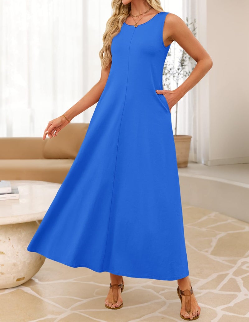 MEROKEETY Women's 2026 Summer Maxi Dress Sleeveless Crewneck Casual Loose Beach Vacation Basic Long Sundress,Royal Blue,Large - Image 4