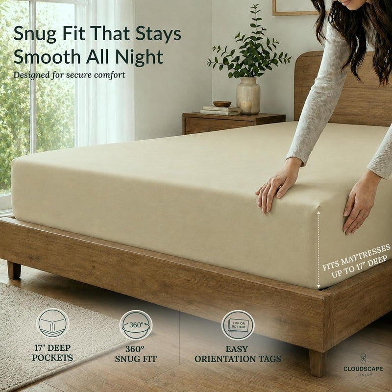 كلاود سكيب لينين مجموعة شراشف Cloud Scape Linen مقاس كينج عدد الخيوط 400 - من القطن المصري 100%، مجموعة شراشف سرير قطنية ناعمة ومتينة ومسامية، جيب عميق يصل إلى 16 بوصة، كتان - Image 5