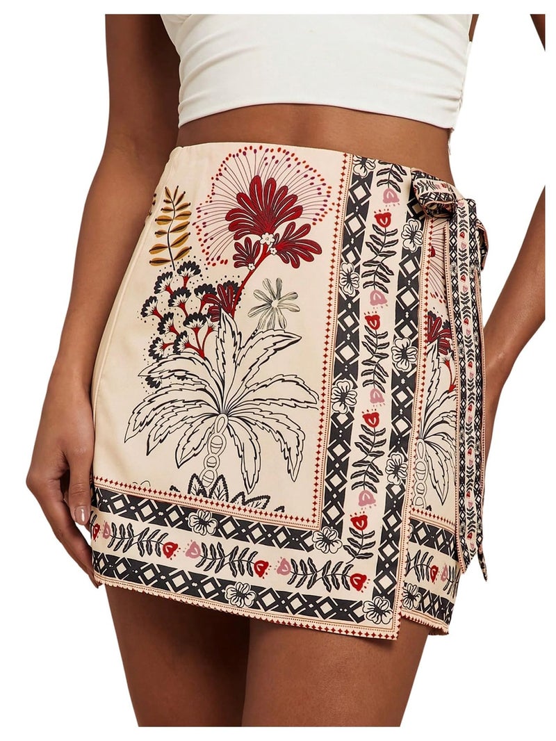 Sujama Womenâ€™s Summer Boho Skirts Floral Print Tie Knot Wrap Skirt Cute Tropical Ocean Graphic Mini Short Skirts Beachwear - Image 1