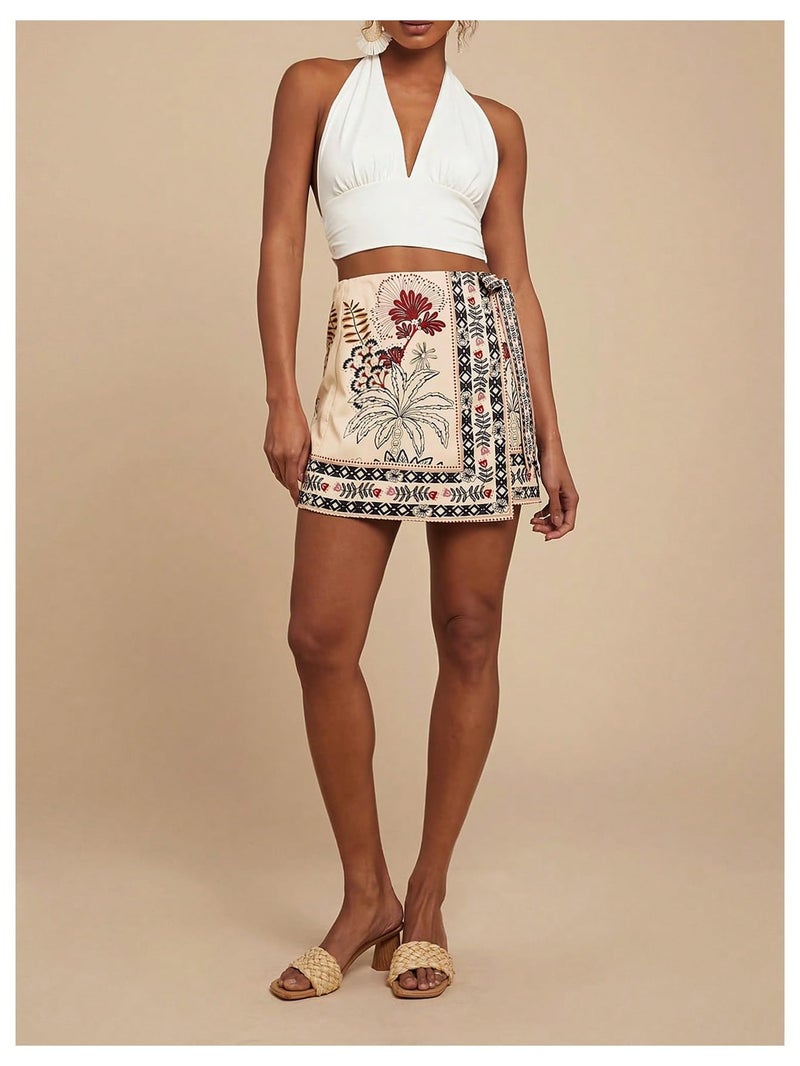 Sujama Womenâ€™s Summer Boho Skirts Floral Print Tie Knot Wrap Skirt Cute Tropical Ocean Graphic Mini Short Skirts Beachwear - Image 3