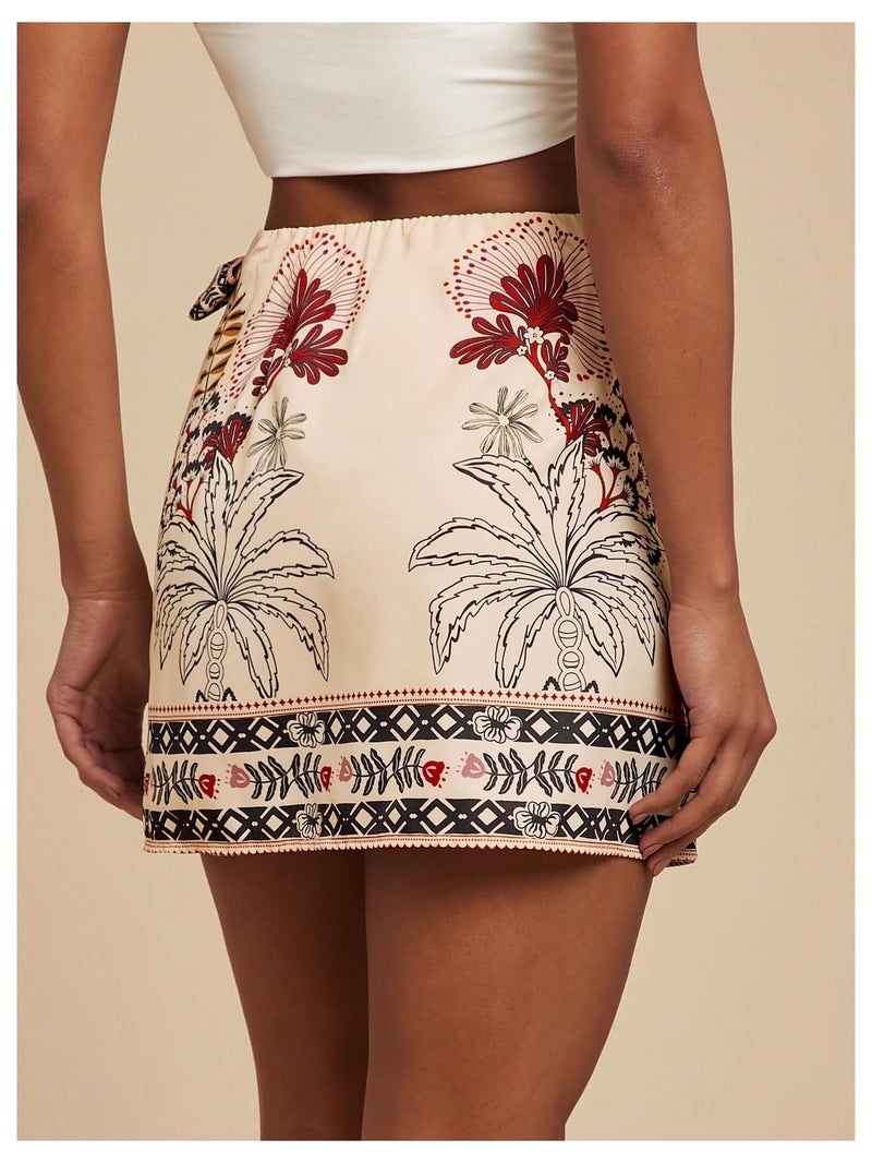 Sujama Womenâ€™s Summer Boho Skirts Floral Print Tie Knot Wrap Skirt Cute Tropical Ocean Graphic Mini Short Skirts Beachwear - Image 2