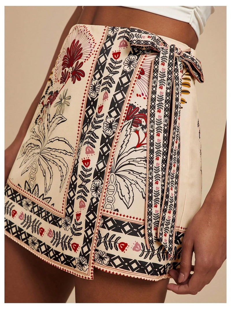Sujama Womenâ€™s Summer Boho Skirts Floral Print Tie Knot Wrap Skirt Cute Tropical Ocean Graphic Mini Short Skirts Beachwear - Image 4