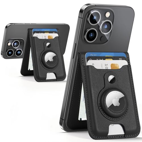 HiWe for Magsafe Wallet Stand with Airtag Holder, Strongest Magnetic Wallet for iPhone 17/16/15/14/13/12 Series, 6 Cards Holder, ID Window, Leather RFID, 3 Slots, Black - Image 1