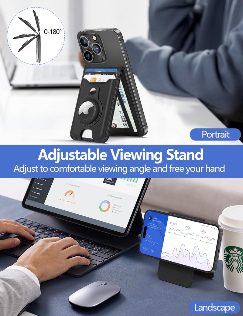 HiWe for Magsafe Wallet Stand with Airtag Holder, Strongest Magnetic Wallet for iPhone 17/16/15/14/13/12 Series, 6 Cards Holder, ID Window, Leather RFID, 3 Slots, Black - Image 3