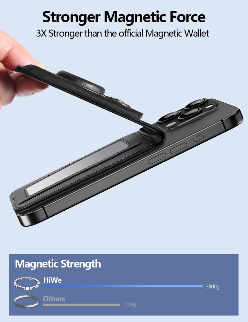 HiWe for Magsafe Wallet Stand with Airtag Holder, Strongest Magnetic Wallet for iPhone 17/16/15/14/13/12 Series, 6 Cards Holder, ID Window, Leather RFID, 3 Slots, Black - Image 4