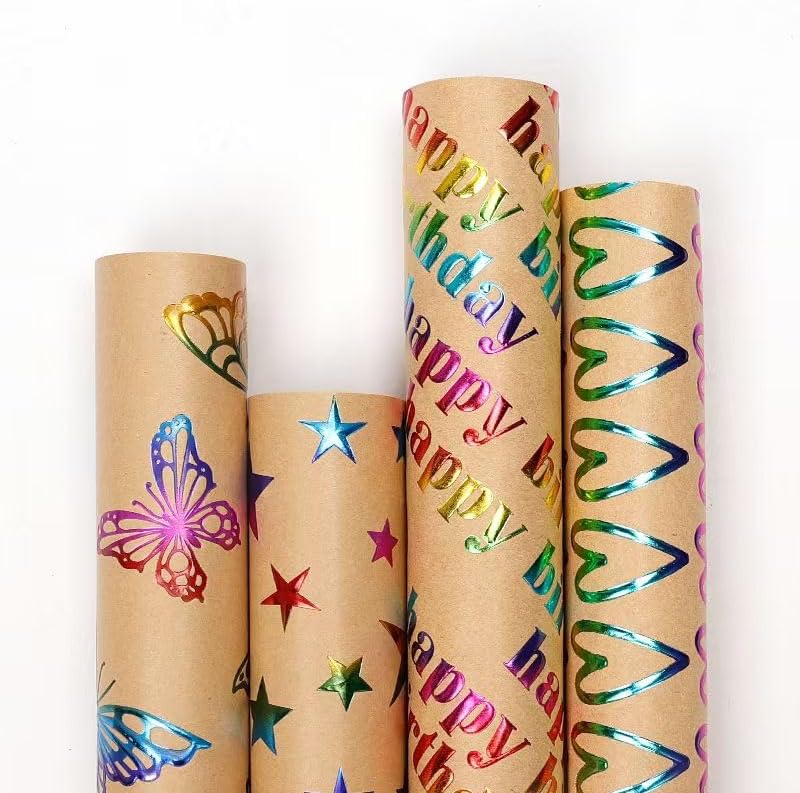 Premify 4 Gift Wrapping Paper Rolls - 3D Colorful Foil Kraft Happy Birthday Gift Wrap - Image 1