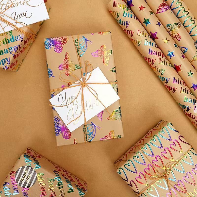 Premify 4 Gift Wrapping Paper Rolls - 3D Colorful Foil Kraft Happy Birthday Gift Wrap - Image 5
