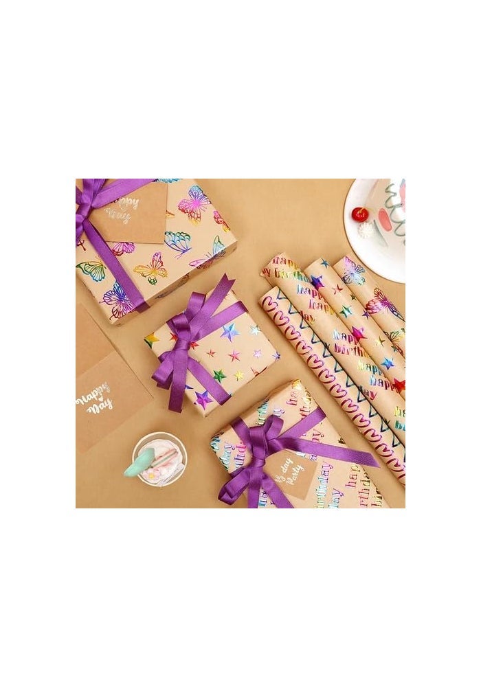 Premify 4 Gift Wrapping Paper Rolls - 3D Colorful Foil Kraft Happy Birthday Gift Wrap - Image 3