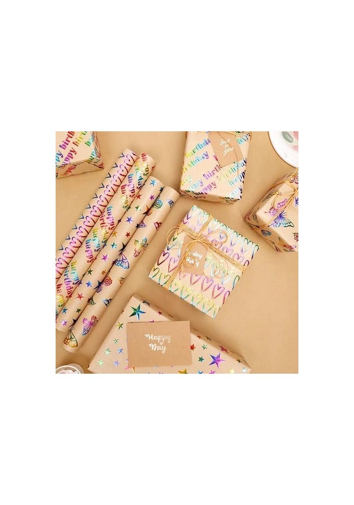 Premify 4 Gift Wrapping Paper Rolls - 3D Colorful Foil Kraft Happy Birthday Gift Wrap - Image 2