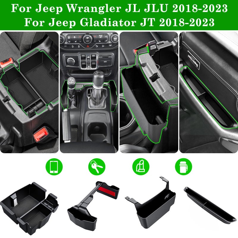 Eamplest 4PCS Center Console Organizer for 2018-2022 2023 Jeep Wrangler JL JLU and Gladiator JT Accessories Gear Shift Side Tray Organizer,Hanging Armrest Storage Box (Not for JK/JKU) - Image 2