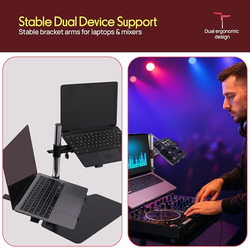 Pyle Portable Dual Laptop Stand – Standing Table Holder with Bracket Arms,Adjustable Height,Ergonomic Design, 360° Swivel for DJ Mixer,Sound Equipment,Workstation,Gaming & Home Use with Tilt Function - Image 2