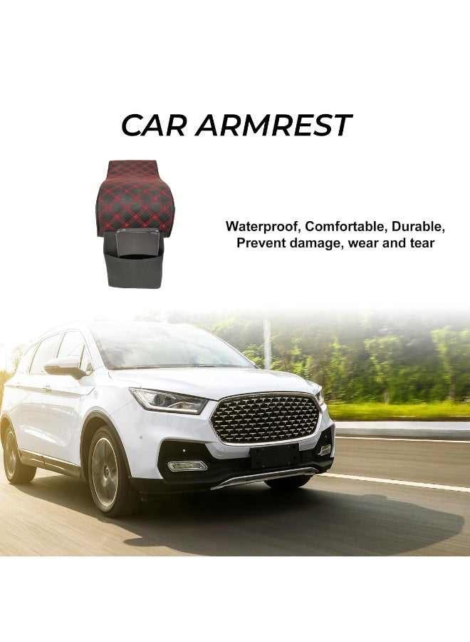 موب وسادة مسند ذراع السيارة العالمية مع دعم من إسفنج الذاكرة، وسادة مسند ذراع وحدة التحكم المركزية من الجلد الصناعي الأسود مع خياطة حمراء وجيب أمامي للهاتف، دعم مريح للكوع، تخفيف الضغط، أحزمة مشبك قابلة للتعديل بسهولة للسيارات وسيارات الدفع الرباعي والمركبات متعددة الأغراض والشاحنات - Image 4