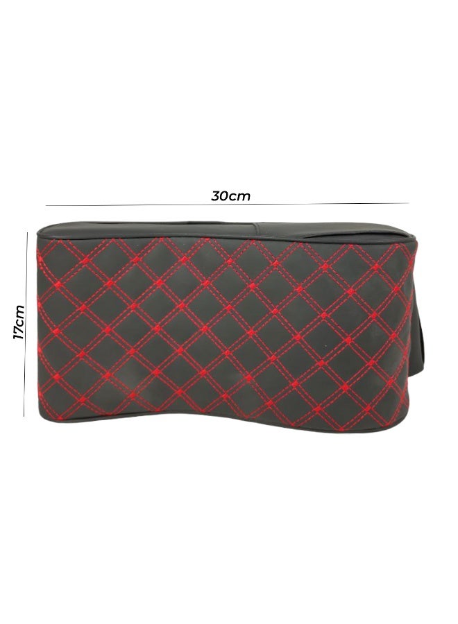 موب وسادة مسند ذراع السيارة العالمية مع دعم من إسفنج الذاكرة، وسادة مسند ذراع وحدة التحكم المركزية من الجلد الصناعي الأسود مع خياطة حمراء وجيب أمامي للهاتف، دعم مريح للكوع، تخفيف الضغط، أحزمة مشبك قابلة للتعديل بسهولة للسيارات وسيارات الدفع الرباعي والمركبات متعددة الأغراض والشاحنات - Image 2