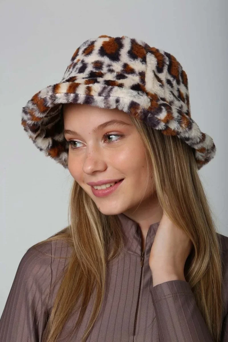 REMSA Women's Plush Bucket Hat Rkş-01 Ecru Leopard