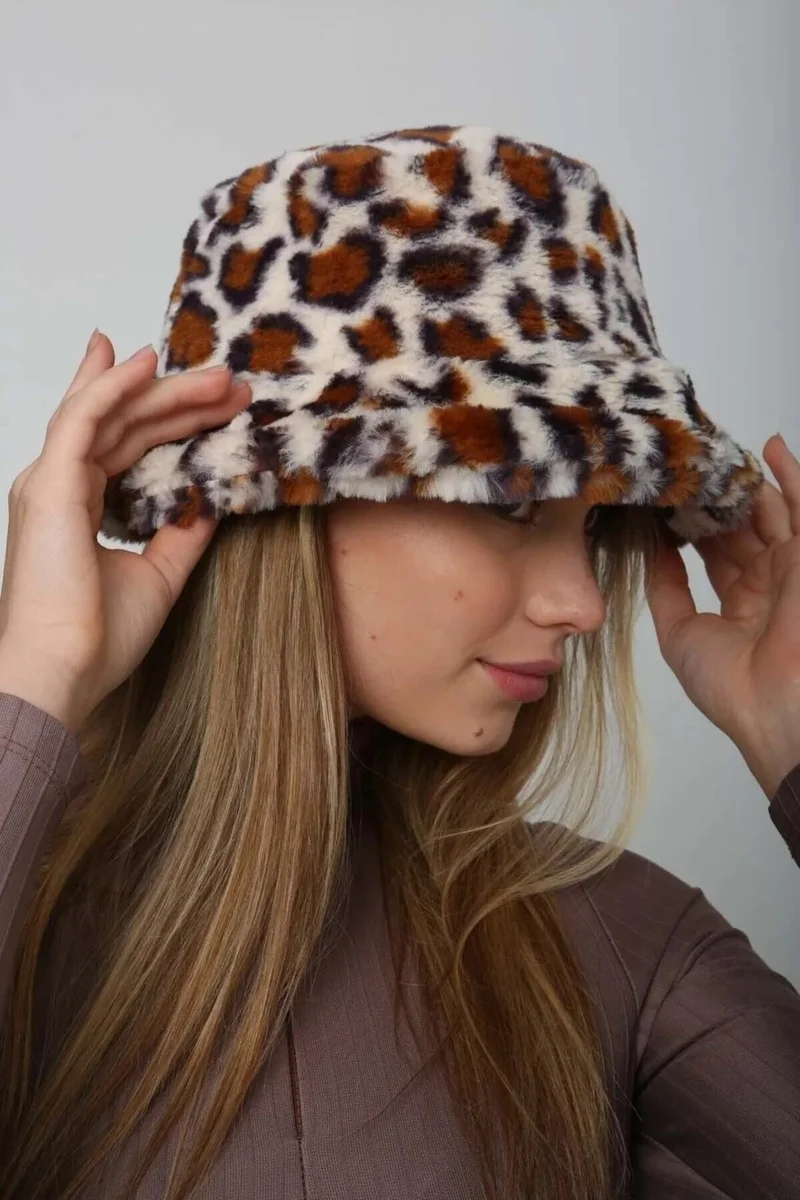 REMSA Women's Plush Bucket Hat Rkş-01 Ecru Leopard