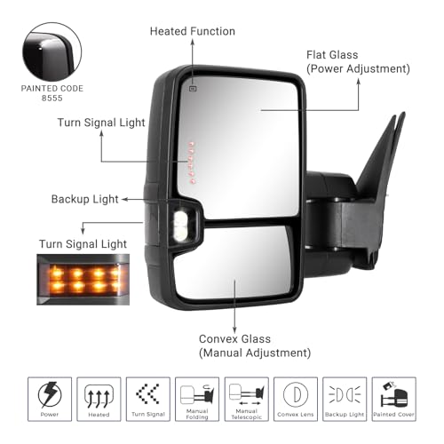 Sanooer Towing Mirror for Silverado Sierra - Compatible with 2003-2007 Chevy Silverado GMC Sierra Tow Mirrors with Power Adjusted Heated Glass Turn Signal Light Backup Lamp (Painted Black 8555) - Image 2