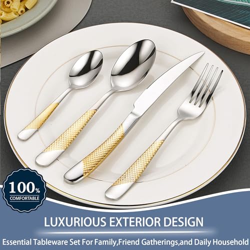 Caliamary Gold Silverware Set, Caliamary 24 Pieces Flatware Set with Silverware Holder, Stainless Steel Knives and Forks and Spoons Cutlery Set Service for 6, Kitchen Utensil Tableware Set with Antiskid Handle - Image 3