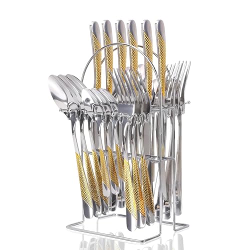 Caliamary Gold Silverware Set, Caliamary 24 Pieces Flatware Set with Silverware Holder, Stainless Steel Knives and Forks and Spoons Cutlery Set Service for 6, Kitchen Utensil Tableware Set with Antiskid Handle - Image 1