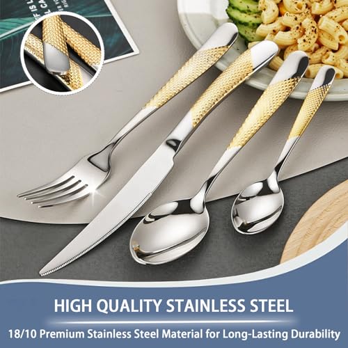 Caliamary Gold Silverware Set, Caliamary 24 Pieces Flatware Set with Silverware Holder, Stainless Steel Knives and Forks and Spoons Cutlery Set Service for 6, Kitchen Utensil Tableware Set with Antiskid Handle - Image 2