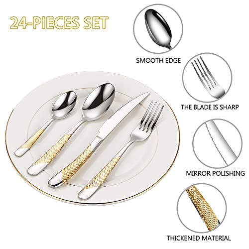 Caliamary Gold Silverware Set, Caliamary 24 Pieces Flatware Set with Silverware Holder, Stainless Steel Knives and Forks and Spoons Cutlery Set Service for 6, Kitchen Utensil Tableware Set with Antiskid Handle - Image 5