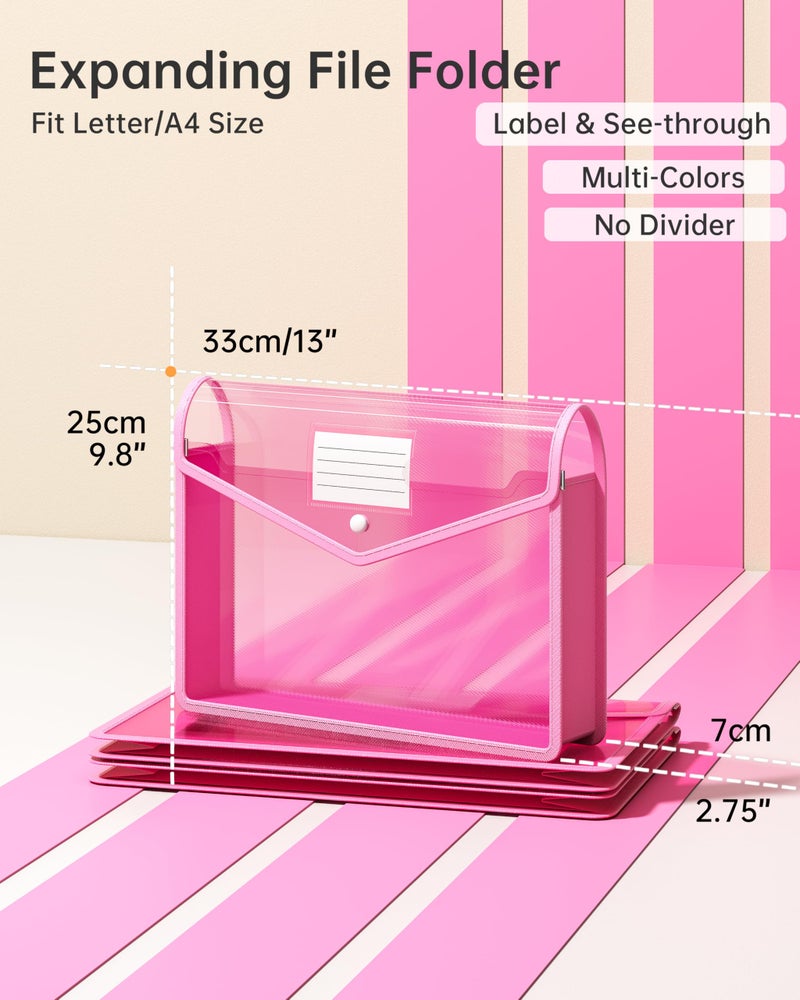 XingDuing 2 Pack Plastic Expanding File Folder, Transparent envelopes with Snap Closure, Fit Letter/A4 Size for School/Office/Home/Hospital, No Dividers, Large Capacityï¼ˆPinkï¼‰ - Image 2
