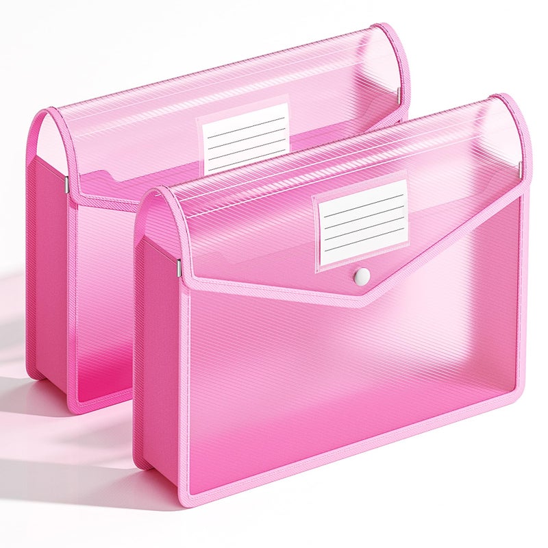 XingDuing 2 Pack Plastic Expanding File Folder, Transparent envelopes with Snap Closure, Fit Letter/A4 Size for School/Office/Home/Hospital, No Dividers, Large Capacityï¼ˆPinkï¼‰ - Image 1