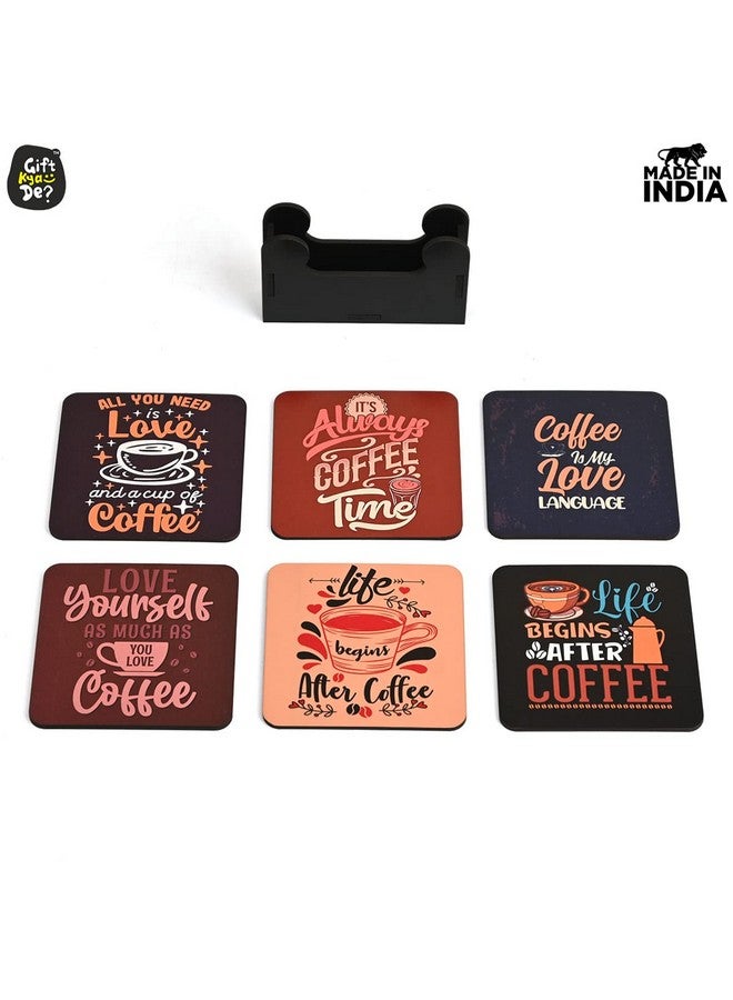 Gift Kya De Coaster Set of 6 Beautiful Wooden Coasters With Stand - Designer Set for Tea Cups and Coffee Mugs - Coffee Lover Gifts (Square 3.8 x 3.8 Inch) - Image 2