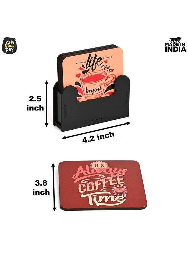 Gift Kya De Coaster Set of 6 Beautiful Wooden Coasters With Stand - Designer Set for Tea Cups and Coffee Mugs - Coffee Lover Gifts (Square 3.8 x 3.8 Inch) - Image 5