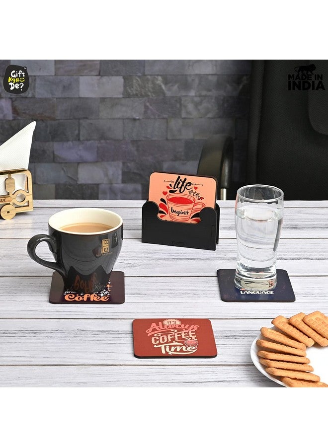 Gift Kya De Coaster Set of 6 Beautiful Wooden Coasters With Stand - Designer Set for Tea Cups and Coffee Mugs - Coffee Lover Gifts (Square 3.8 x 3.8 Inch) - Image 4