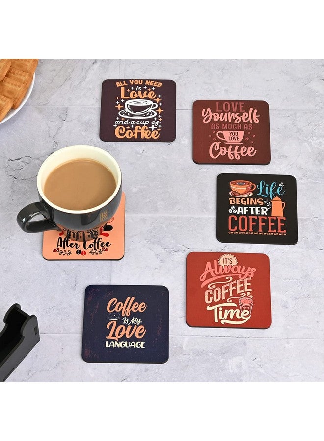 Gift Kya De Coaster Set of 6 Beautiful Wooden Coasters With Stand - Designer Set for Tea Cups and Coffee Mugs - Coffee Lover Gifts (Square 3.8 x 3.8 Inch) - Image 1