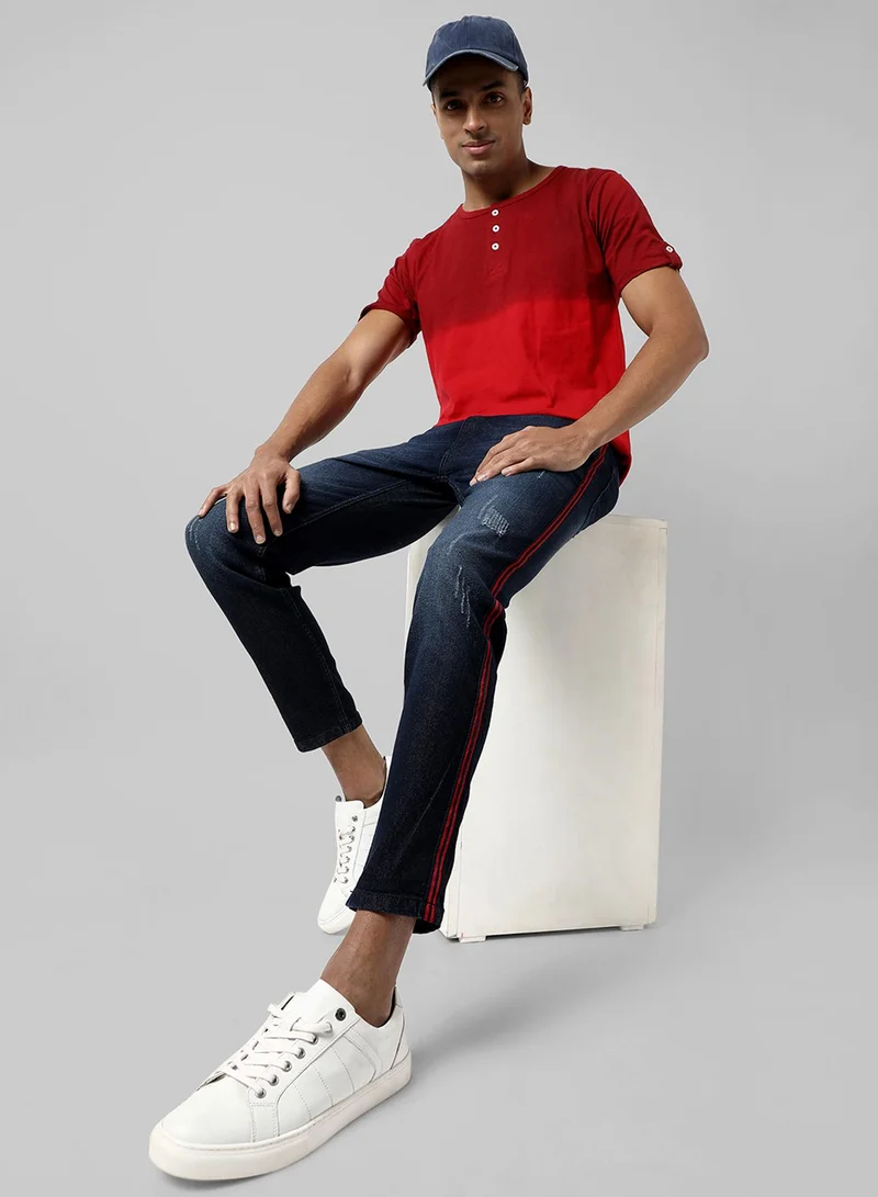 Campus Sutra Campus Sutra Men's Navy Blue Pencil Side-Striped Denim Jeans For Casual Wear | Dark-Wash | Regular Fit | Button Closure | Cotton Denim Jeans Crafted With Comfort Fit For Everyday Wear